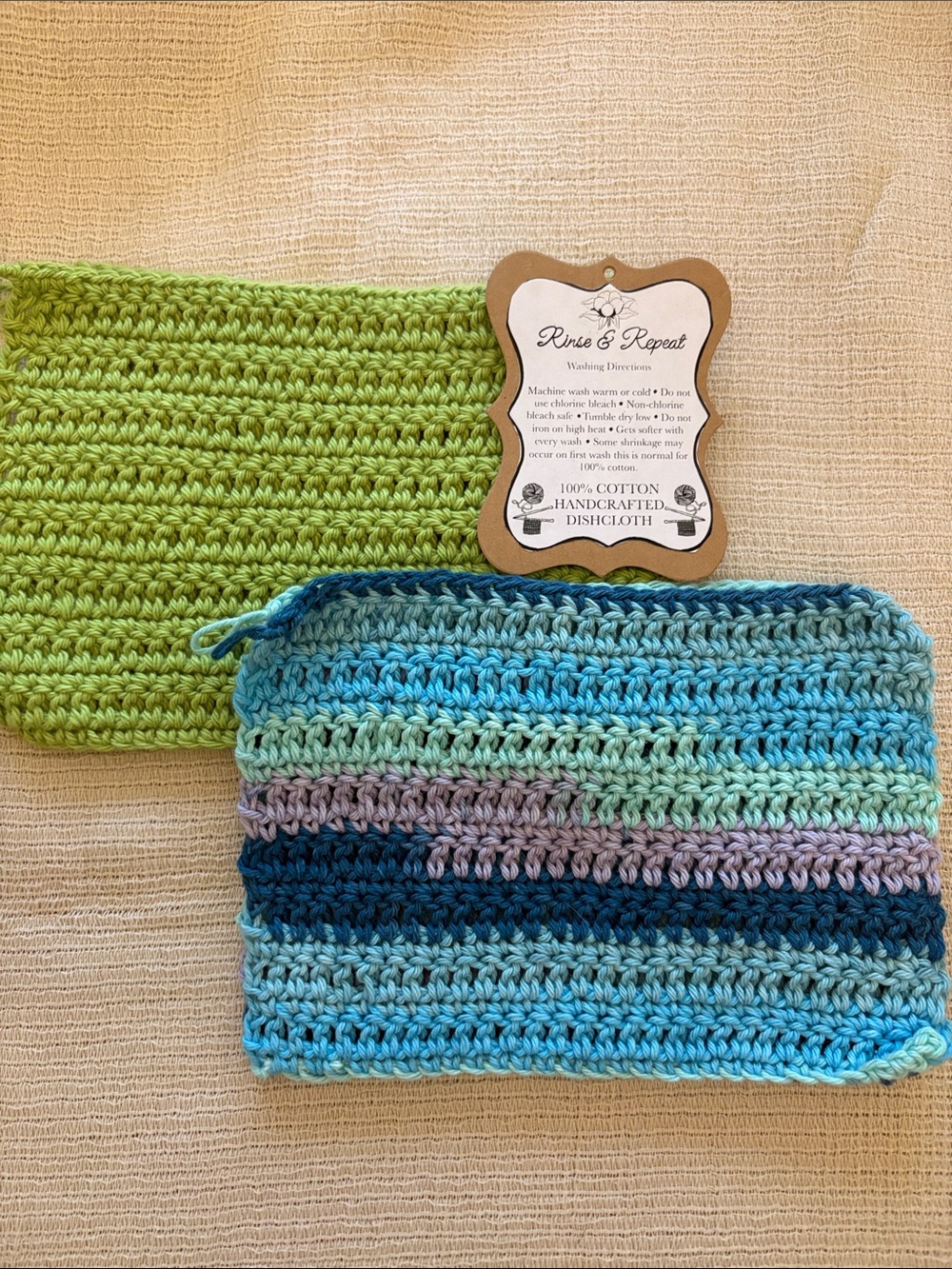 Rinse & Repeat Handcrafted Cotton Dishcloths - Green & Blue Striped Set